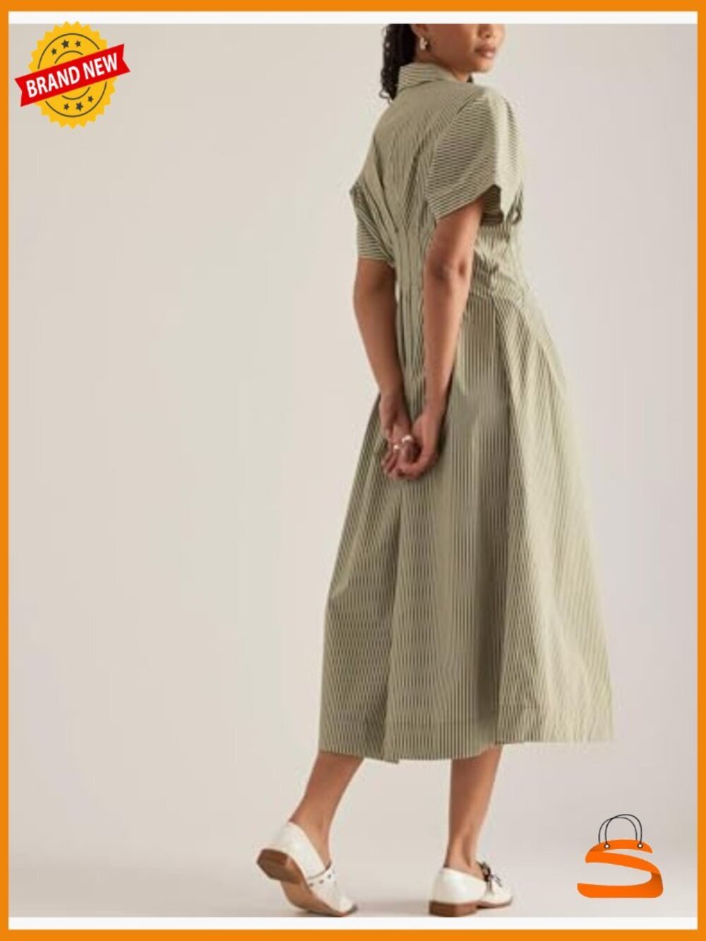 Striped Button Front Pleated Maxi Shirt Dress Short Sleeve V Neck Corset - Picture 3 of 6